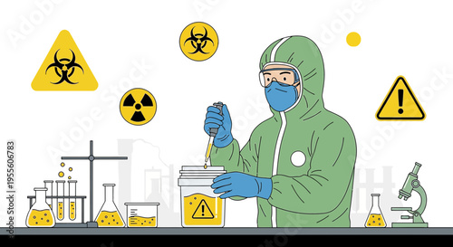 Scientist in Hazmat Suit Conducting Dangerous Chemical Experiment in Laboratory
