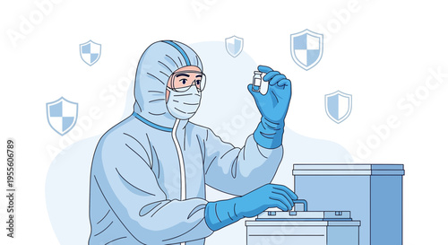 Scientist in Hazmat Suit Holding Vaccine Vial, Protection Shields Background