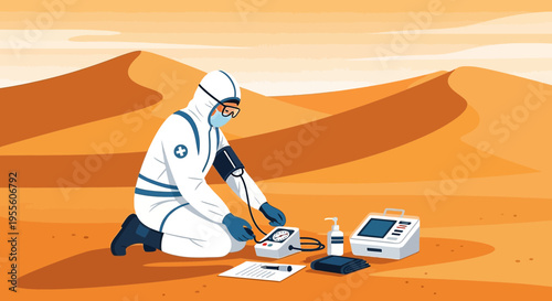 Scientist in Hazmat Suit Measures Vital Signs in Desert