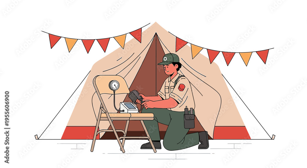 Fototapeta premium Scout Leader Inspects Equipment Near Tent with Festive Bunting