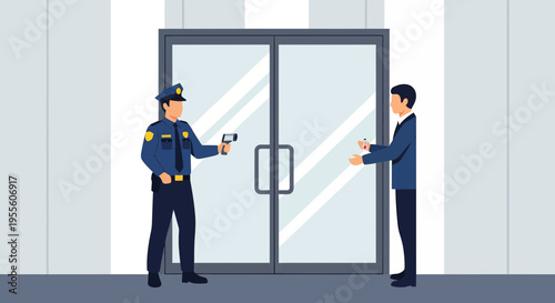 Security guard checking ID at building entrance with man in suit