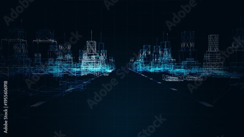 Cinematic Architectural Hologram FlyOver  Deep Blueprint Wireframe Matrix  4K Seamless Loop