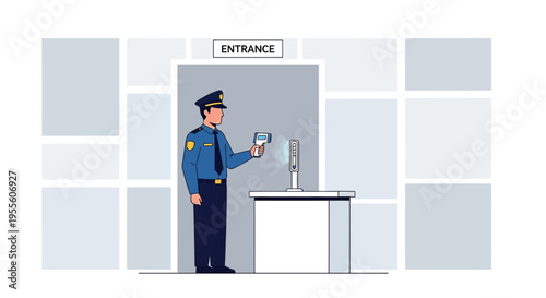 Security guard checking ID at entrance with access control system