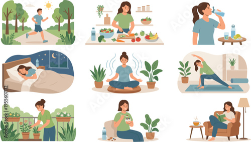 Healthy Lifestyle Activities for Wellness, Including Running, Meditation, Healthy Eating, Yoga, Gardening, and Self-Care Practices