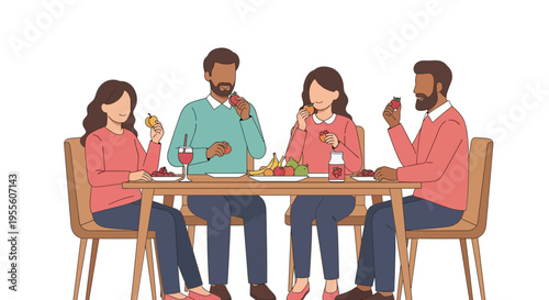 Diverse friends enjoying a healthy meal together, sharing food and conversation at a table.