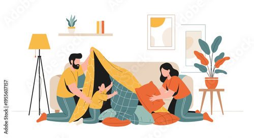 Family building blanket fort with pillows on living room floor, having fun together