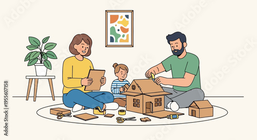 Family building cardboard house together, creative hobby, indoor activity, fun leisure time