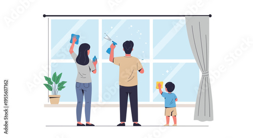 Family cleaning windows together, happy parents and child doing chores at home