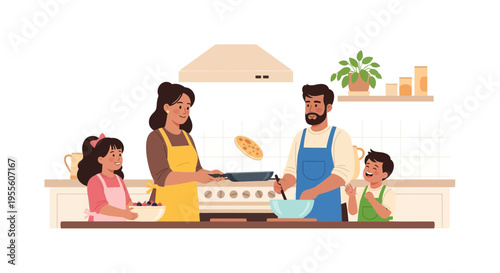 Family Cooking Pancakes Together in Kitchen