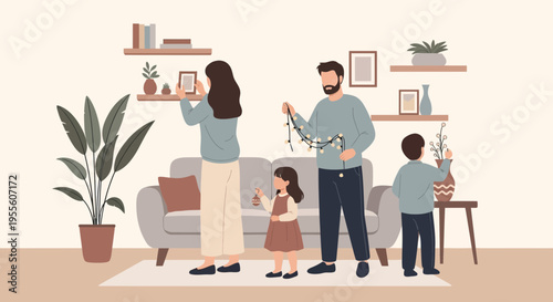 Family decorating home interior with plants and art, cozy living room scene