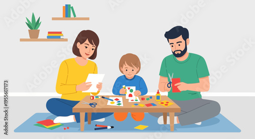 Family crafting at home, parents and child doing arts and crafts together on the floor