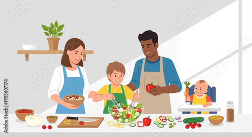 Family Cooking Together: Parents and Children Prepare Salad in Kitchen