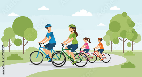 Family Cycling in Park: Parents and Kids Enjoying Outdoor Activity on a Sunny Day