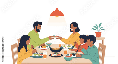 Family Dinner: Parents and Children Enjoying a Meal Together at a Table