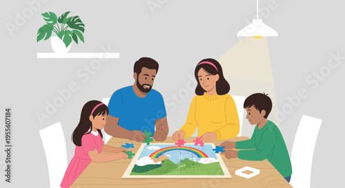 Family doing a puzzle of a rainbow and landscape, enjoying leisure time together at home.