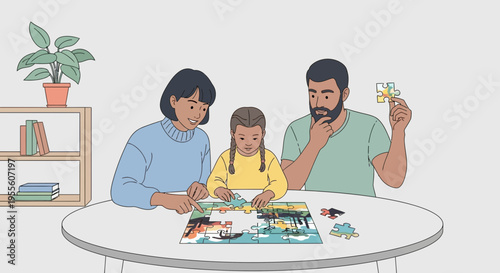 Family doing jigsaw puzzle together at home, enjoying leisure time and bonding