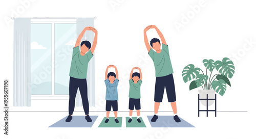 Family doing stretching exercises together at home, healthy lifestyle, fitness and wellness