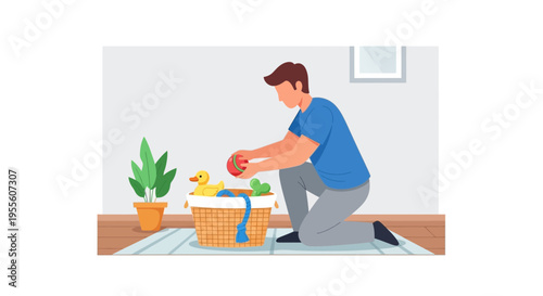 Father tidying up toys with rubber duck and plant in basket
