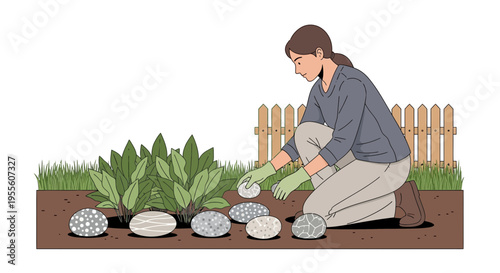 Gardener arranging decorative stones in a garden bed with plants and a picket fence