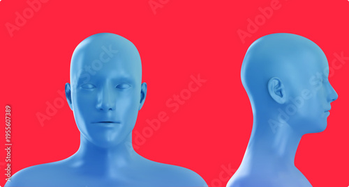 Vector 3D render of blue human head model showing front and side profile views isolated on vibrant red background. Conceptual illustration for anatomy, fashion art, futuristic technology.
