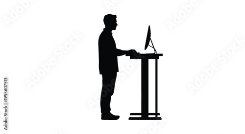 A black silhouette of a person standing at a standing desk, working on a desktop computer/monitor.