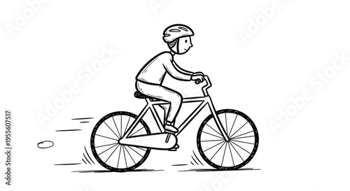 A simple line sketch of a person wearing a helmet, riding a bicycle. The illustration has a clean, minimalist style with motion lines suggesting movement, drawn in black and white outline format.
