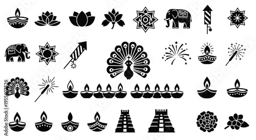 Indian Festival / Diwali Icon Set A collection of black silhouette icons representing Indian culture and festivals