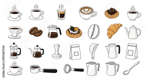 Coffee and Cafe Equipment Hand Drawn Collection, Barista Tools Drinks and Beans Outline Vector Icon Set