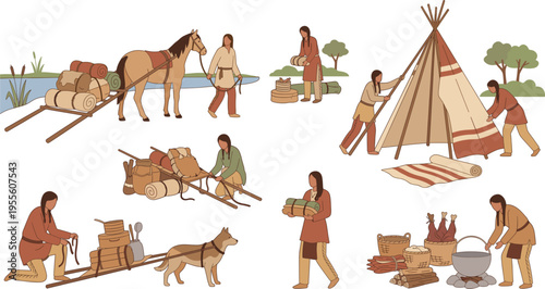 Nomadic Life Illustration Set with Horse, Dog, Tent Setup, and Wilderness Survival Tasks for Outdoor and Adventure Designs