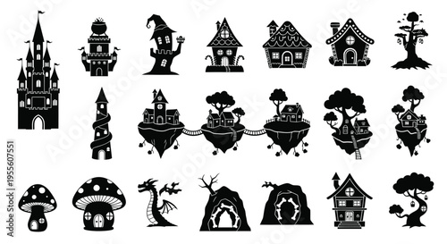 Hand Drawn Fantasy House Silhouette Bundle, Fairy Tale Magic Castle Mushroom Treehouse Black Vector Icon Set