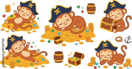 Pirate Monkeys with Treasure Chests, Gold Coins, Gems, and Pirate Gear for Fun and Playful Pirate Adventure Designs