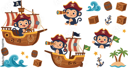 Pirate Monkeys on a Ship with Treasure, Flags, and Ocean Elements for Fun and Playful Pirate Adventure Designs