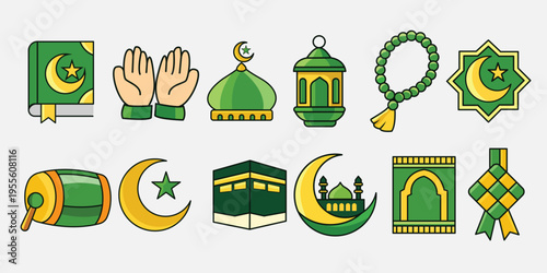 Colorful Islamic Ramadan and Eid Icons Set with Kaaba