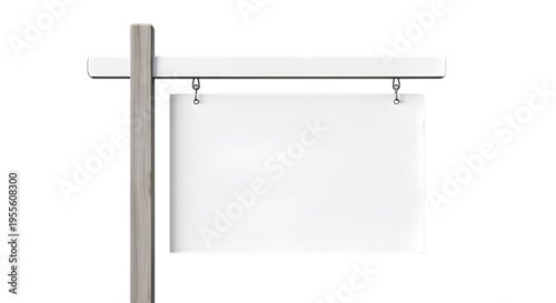 A blank white sign hanging on a wooden post isolated on transparent background
