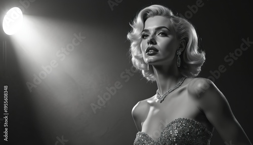 Glamorous blonde woman in sparkling dress and diamonds poses in studio spotlight. Retro Hollywood style, elegant waves, and classic cinematic lighting. Timeless beauty and sophistication.