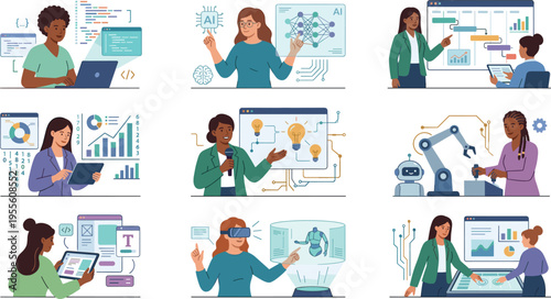Women in Tech Working with AI, Data Analytics, Programming, Robotics, and Virtual Reality for Innovation and Digital Transformation
