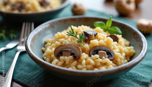 Creamy Italian risotto with mushrooms and saffron served in a rustic bowl. Arborio rice dish garnished with fresh rosemary and basil. Hearty, gourmet food, comfort meal.