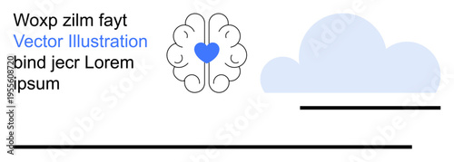 Mental health, cognitive balance, emotional intelligence, mindfulness, psychology, self-care. A brain with a heart inside next to a blue cloud icon. Mental health and cognitive balance visualization