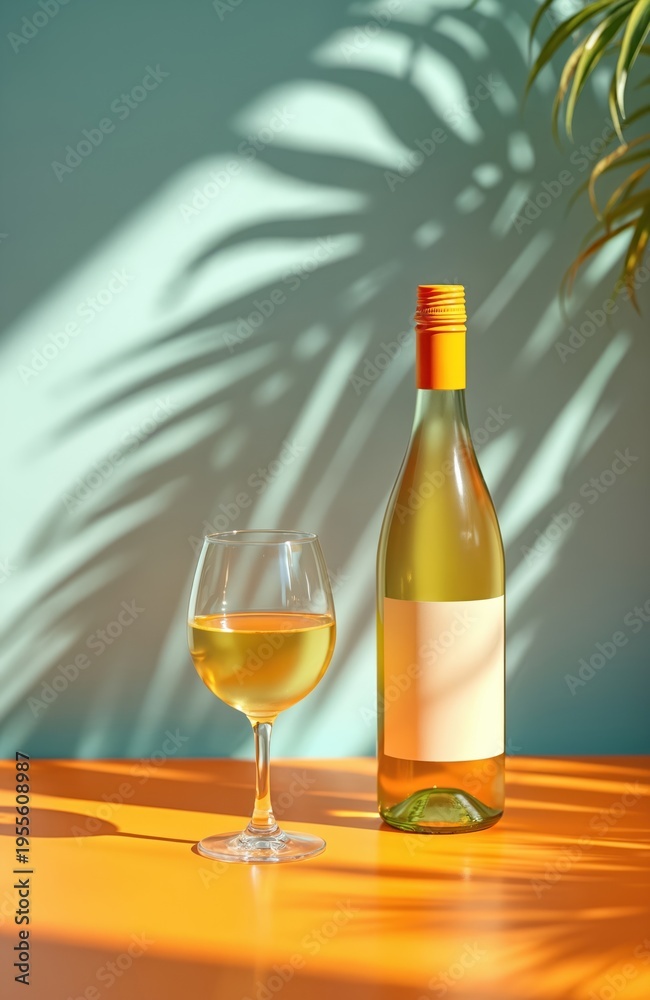 Fototapeta premium Pale yellow wine sits in bottle and glass. Sunlight shines through palm leaf shadows. Orange table complements light blue wall. Refreshing aperitif.