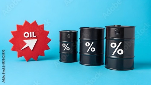 **Oil Barrels with Percentage Symbols and Upward Arrow – Rising Market Trend Concept – Strategy, Abstract, Conceptual, Business, Energy, Finance, Economy, Petroleum Industry, Growth, Global Trade