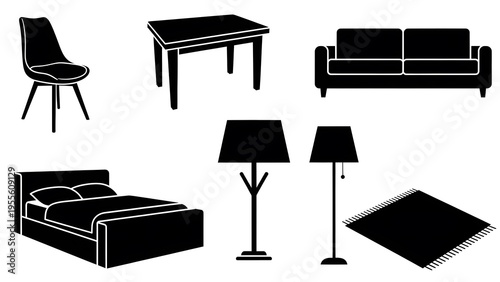 Modern home furniture icons silhouette set interior design