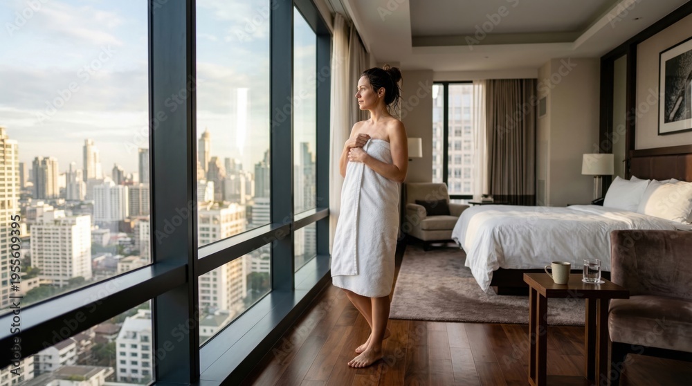 Fototapeta premium Woman in towel enjoying luxury city view from high-rise hotel suite at sunrise, embodying relaxation and elegant travel.