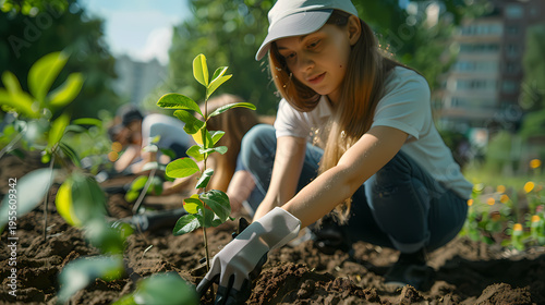 Enthusiastic volunteers planting young saplings in a city park during a community tree-planting event, contributing to urban greening and carbon sequestration efforts.