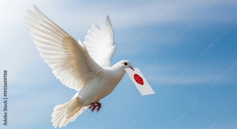 Fototapeta premium A white dove flies through a blue sky with a paper in its beak.