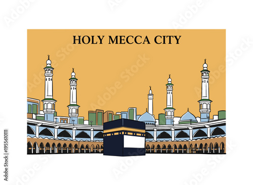 Holy Mecca City artwork for t shirt. Al Masjid al Haram design. Kaaba vintage graphic for apparel, poster, sticker. Islamic pilgrimage art.