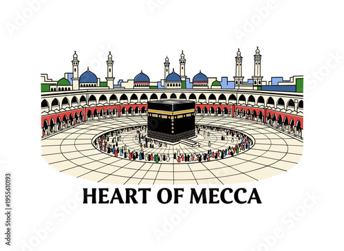 Mecca Kaaba vector design. Masjid al Haram artwork. Islamic pilgrimage graphic. Saudi Arabia landmark. Heart of Mecca design for t shirt and print.