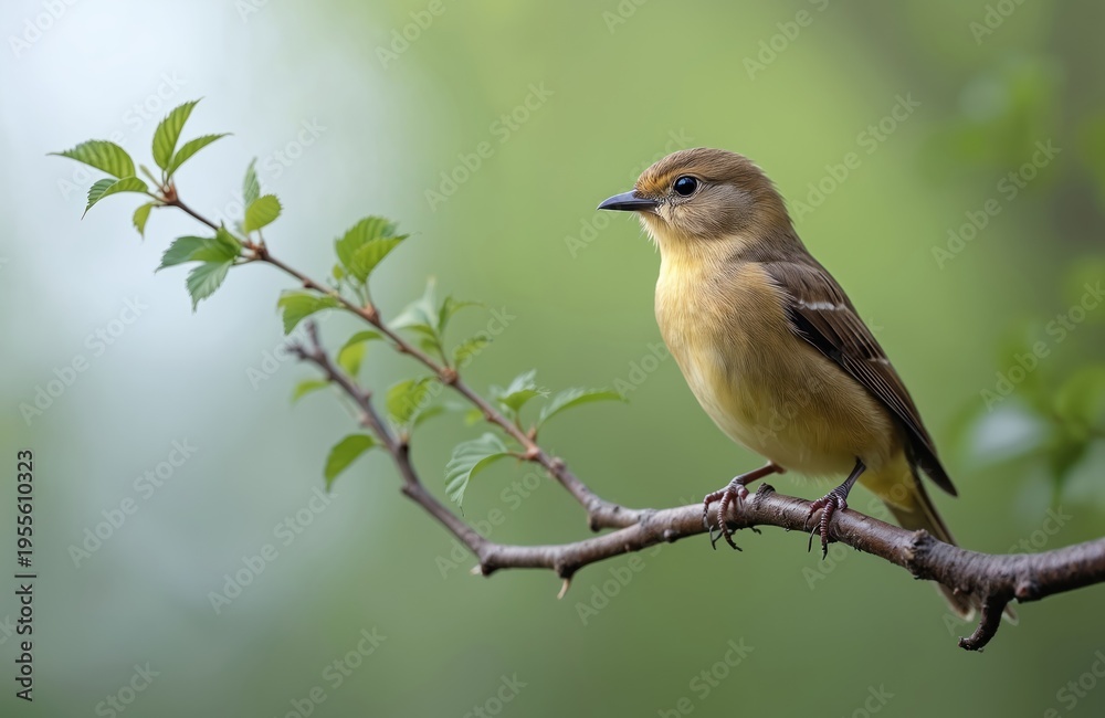 Obraz premium Small brown bird with yellow breast sits on tree branch. Tiny songbird rests on twig with green leaves. Wildlife watches attentively in soft focus.