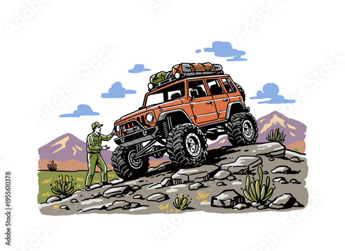 Off road adventure design. Mountain 4x4 artwork for t shirt. Rock crawling graphic. Desert explorer sketch. Vintage car design for apparel.