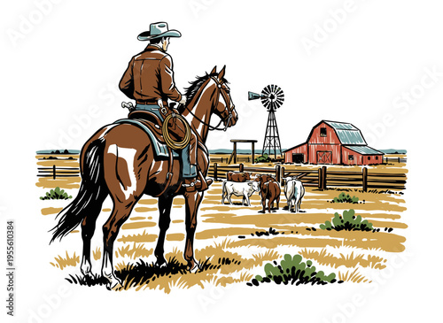 Cowboy on horse vintage design. Western ranch artwork for t shirt, poster, sticker and others. Farm life graphic. Wild West vibes. Country side.
