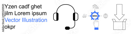 Customer support, logistics, e-commerce, WMS, packaging, communication systems. Headset and WMS gear with a package. Customer support and logistics management